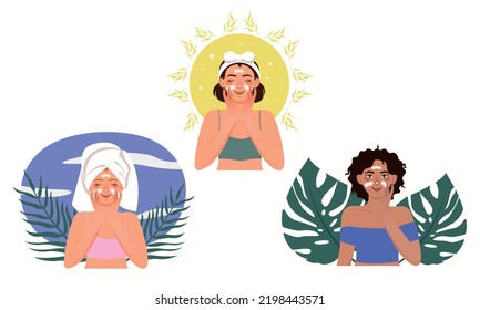 Set of women applying cleansing and moisturizing face skincare products at home. Everyday skin care routine with cleanser and moisturizer. Colored flat graphic vector illustration isolated on white