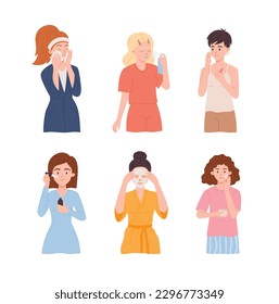 Set of women applying skin care products on face, flat vector illustration isolated on white background. Skin care routine - cleanser, toner, face mask and moisturizer.