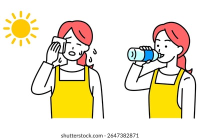 Set of women in aprons taking measures against heat stroke