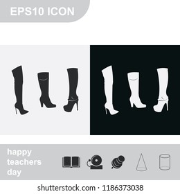 Set of women autumn and winter shoes flat black and white vector icon.