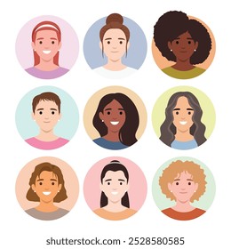 Conjunto de mulheres ícones de avatar com várias etnias. Ilustração de vetor plano isolada no plano de fundo branco