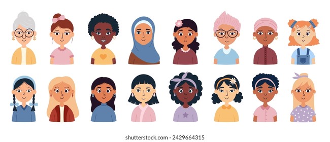 Conjunto de avatares femeninos con diferentes peinados, colores de piel, etnias y edades. Día Internacional de la Mujer. Inspirar inclusión. Ilustración vectorial de dibujos animados.