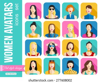 Set of Women Avatars Icons. Vector Illustration.