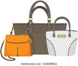 Set of women bag vector poster on multicolored backgrounds. Ladies handbag in flat style. Elegant ladies leather bag, female accessories object, fashion trendy case with handle, advertising template