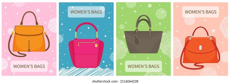 Set of women bag vector poster on multicolored backgrounds. Ladies handbag in flat style. Elegant ladies leather bag, female accessories object, fashion trendy case with handle, advertising template