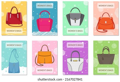 Set of women bag vector poster on multicolored backgrounds. Ladies handbag in flat style. Elegant ladies leather bag, female accessories object, fashion trendy case with handle, advertising template