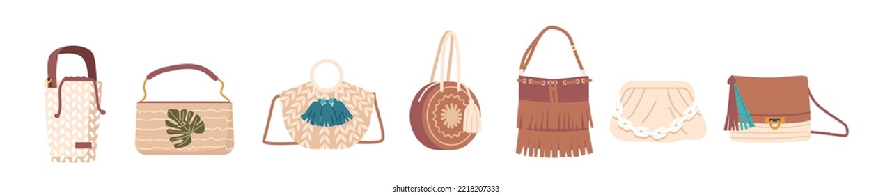 Juego de bolsitas y garras femeninas en estilo Eco o Boho aisladas en fondo blanco. Bolsos de mano modernos, textiles o cuero, accesorios de moda, colección de moda para niñas. Ilustración del vector de dibujos animados