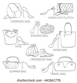 Set of women bags and shoes. Card can be used for holiday cards, shopping invitation, postcard or fashion website banner. Bag shop design. Fashion shoes store concept.