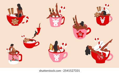 Set of women is bathing in a cute holiday mug with a flat cartoon style, featuring a Christmas hot drink.	