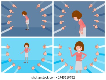 A set of women to be evaluated.It's vector art so easy to edit.