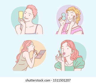 set women beauty makeup cosmetics.Collection of Beautiful young girl with a light natural make-up and beauty tools  hand drawn style vector doodle design illustrations.