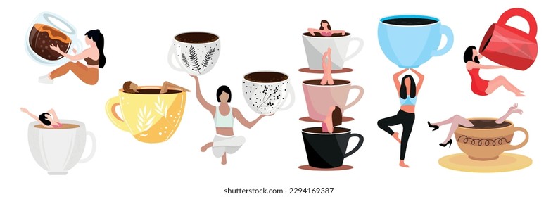 Set of women with big cups of coffee on white background