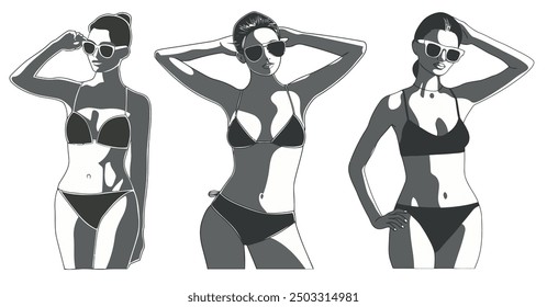 Set of Women in Bikini, Stylish and Beachy Designs - Flat Vector Illustration