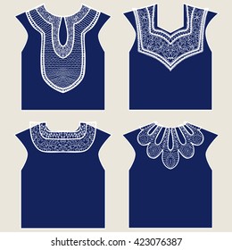 Set of women blouses with lace neck patterns. Fashion illustration. Vector icons. Vintage textile collection. Blue.