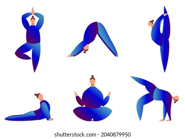 Set of women in blue clothes do yoga isolated on white. Tree, downward facing dog, cobra and other positions. Concept of balance, healthy lifestyle, sports, harmony. Vector illustration