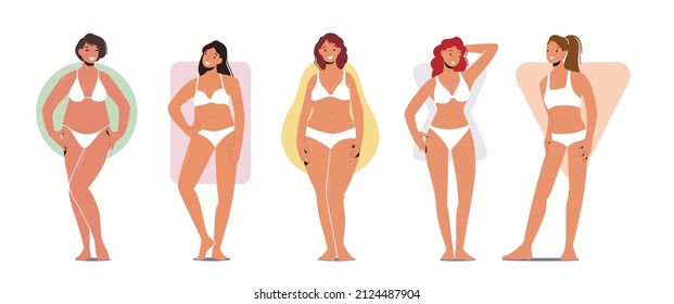 Set of Women Body Figure Types, Female Characters Hourglass, Inverted Triangle, Round, Rectangle and Pear Shapes, Girls Posing Isolated on White Background. Cartoon People Vector Illustration