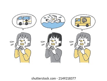 Set of women calling for reporting Comical handwritten person Vector, line drawing in color