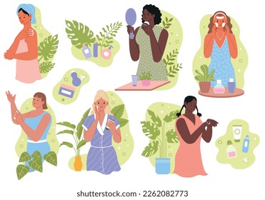 Conjunto de mujeres cuidando la piel. Las jóvenes utilizan productos de belleza, cremas y máscaras orgánicos para la hidratación y limpieza. rutina diaria de belleza. Colección vectorial plana de dibujos animados aislada en fondo blanco