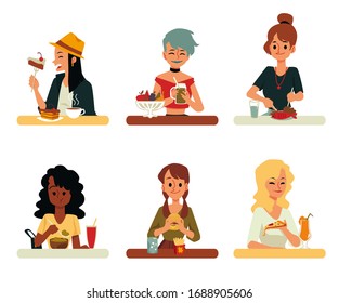 Set of women cartoon characters eating various meals, flat vector illustration isolated on white background. Food eating, dieting and nutrition icons collection.