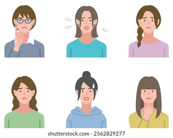 Set of women in casual clothes with troubled expressions