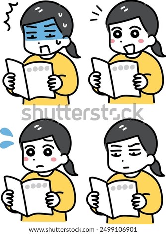 A set of women in casual clothes with various expressions reading a booklet
