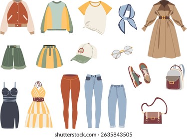 Set women casual. Pants, skirts, dresses, tops, outerwear, bags, shoes, sunglasses and hats. On white background. Suitable for fashion and shopping content.