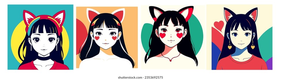 Poner a las mujeres con orejas de gato, ojos redondeados, una imagen de pantalla, arte pop. Niña animadora.