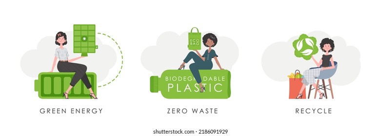 Set of women characters on the theme of ecology. trendy style. Vector.