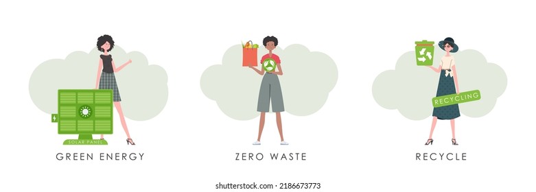 Set of women characters on the theme of ecology. Cartoon trendy style. Veil illustration.