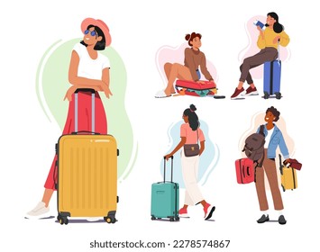 Set of Women Characters with Suitcases And Bags Heading Towards The Airport Or Train Station. Concept for Travel or Lifestyle Blogs, Promotional Content For Luggage. Cartoon People Vector Illustration