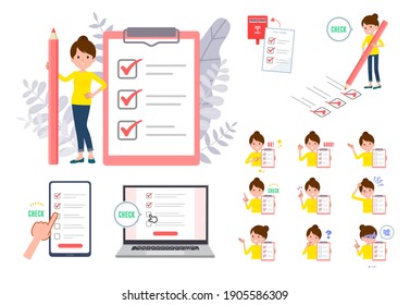 A set of women with a check mark.It's vector art so it's easy to edit.Bottom right of the image”uso”means "lie".