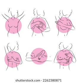 Set of women checking their breast on white background. Cancer a