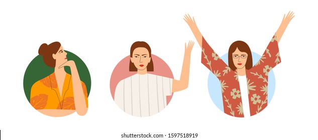 Set Of Women In Circled Windows Saying Hi, Thinking, Attracting Attention. One Woman In Each Window. Flat Vector Illustration