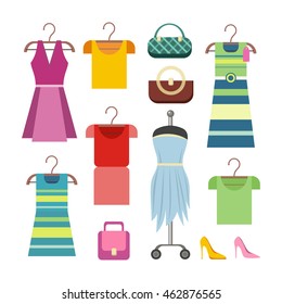 Set of women clothes items. Editable elements of ladies clothing isolated on white. New summer collection. Sale. Dresses and accessories. Shopping center. Fashionable apparel. Vector illustration