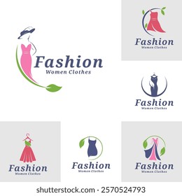 Set of Women Clothes with leaf logo design vector illustration. Women Fashion logo concept template