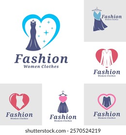 Set of Women Clothes with love logo design vector illustration. Women Fashion logo concept template