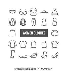 Set of women clothes outline icons. Linear icons for web and mobile apps