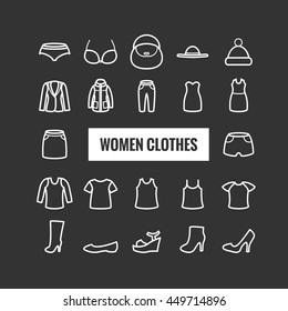 Set of women clothes outline icons. Linear icons for web and mobile apps design