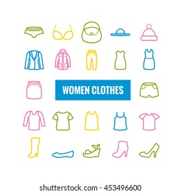 Set of women clothes outline icons. Linear icons for web and mob