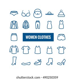 Set of women clothes outline icons. Linear icons for web and mobile apps