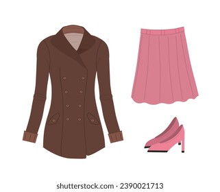 Set of women clothing. Fashion, trend and style. Outwear for girls. Pink shoes and skirt, brown coat. Poster or banner. Cartoon flat vector collection isolated on white background