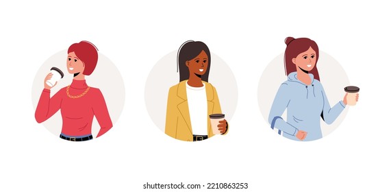 Set of women with coffee. Circle frame with young different women drinks coffee. Young females hold in hand coffee mugs. Flat trendy vector icons.