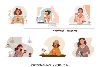 Set of women coffee lovers. Beautiful girls drinks with pleasure. Collection of stylish female portraits and avatars. Stylish ladies enjoys life. Vector illustrations in a flat style with people.