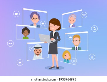 A set of women communicating online using a laptop.It's vector art so easy to edit.