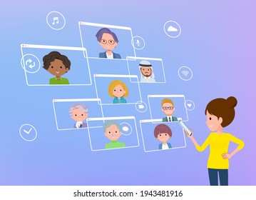 A set of women communicating online using a smartphone.It's vector art so easy to edit.