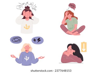 Set of women concept depression. Emotional health