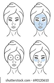 Set of women with cosmetic face masks spa vector