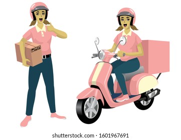 set of women courier worker with her scooter