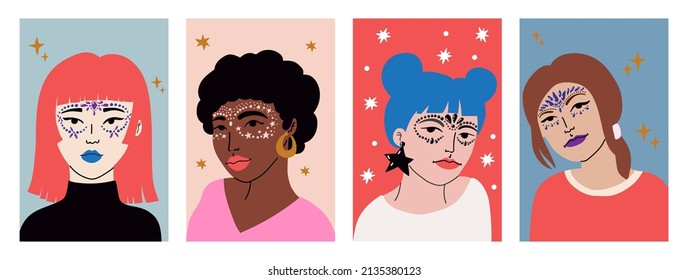 Conjunto de mujeres con maquillaje creativo de cristal. Gemas alrededor de los ojos. Festival o estilo joya diario.