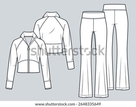 Set of Women Cropped Zip-Up Jacket and Flared Yoga Pants technical fashion illustration. Tracksuit fashion flat technical drawing template, front and back view, white, women Activewear CAD mockup.
